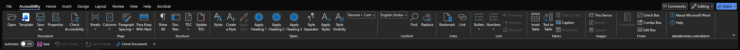 Screen capture of Berman Accessibility Ribbon in Microsoft Word for Windows 2026